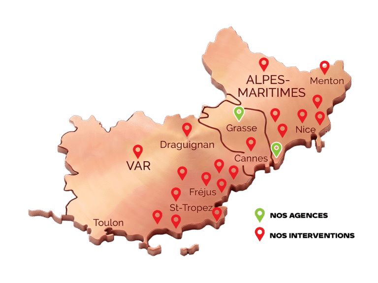 Carte de la zone d’intervention EDIAG sur la Côte d’Azur : Cannes, Antibes, Grasse, Valbonne, Nice et arrière-pays